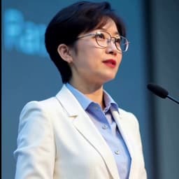 白色西装浅蓝内衬戴眼镜短发女生演讲